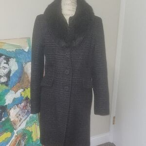 giacca Black Long Trench Coat with Derachable Faux Fur Collar